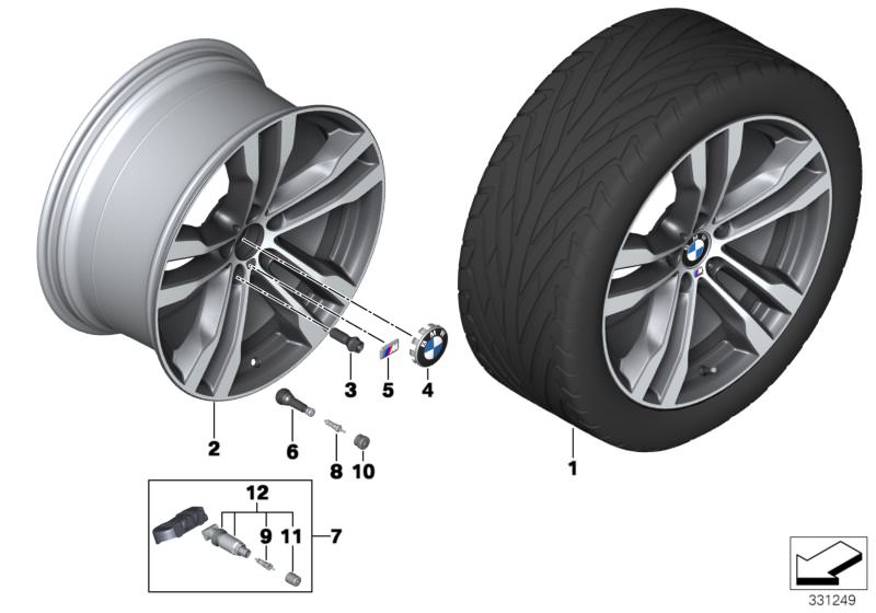 Picture board BMW LA wheel, M double spoke 468 - 20´´ for the BMW X Series models  Original BMW spare parts from the electronic parts catalog (ETK) for BMW motor vehicles (car)   Disc wheel, light alloy, bright-turned, Hub cap with blue ring, M badge, Rep