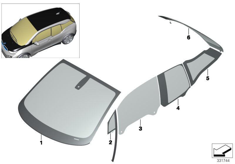 Bildtafel Verglasung für die BMW i Modelle  Original BMW Ersatzteile aus dem elektronischen Teilekatalog (ETK) für BMW Kraftfahrzeuge( Auto)    Frontscheibe grün Graukeil, Heckscheibe, Seitenscheibe grün fest hinten rechts, Seitenscheibe grün fest Tür vor