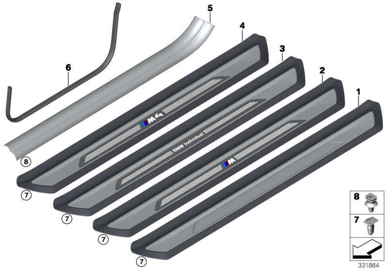 Picture board Mucket / trim, entrance for the BMW 4 Series models  Original BMW spare parts from the electronic parts catalog (ETK) for BMW motor vehicles (car)   Clip, Clip, grey, Cover strip, entrance, interior, right, Cover, entrance, Mucket, door, bot