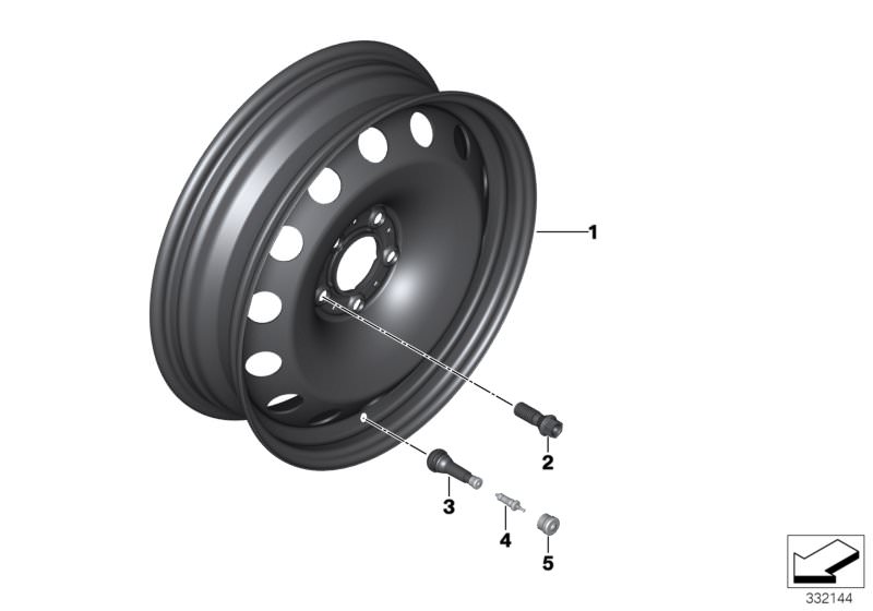 Picture board Compact spare wheel, steel, black for the BMW X Series models  Original BMW spare parts from the electronic parts catalog (ETK) for BMW motor vehicles (car)   Compact spare wheel, steel, black, Rubber valve, Valve, Valve caps, Wheel bolt bla