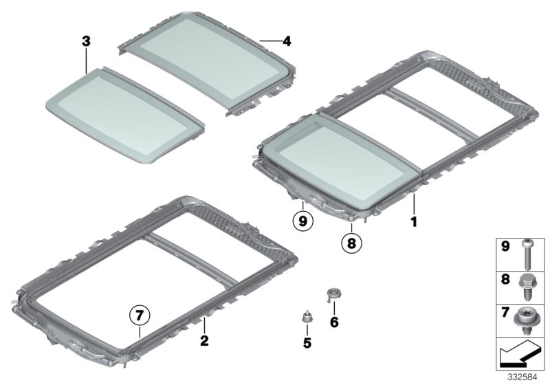 Picture board Panorama glass roof for the BMW 5 Series models  Original BMW spare parts from the electronic parts catalog (ETK) for BMW motor vehicles (car)   Adjusting element, active, Adjusting element, passive, Fillister head screw, Frame panoramic roo