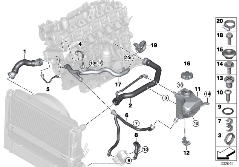 Picture board Cooling system coolant hoses for the BMW 3 Series models  Original BMW spare parts from the electronic parts catalog (ETK) for BMW motor vehicles (car)   Collar screw, Expansion tank, Grommet, Hex Bolt, Hose clamp, Hose, cooler, exhaust-gas 