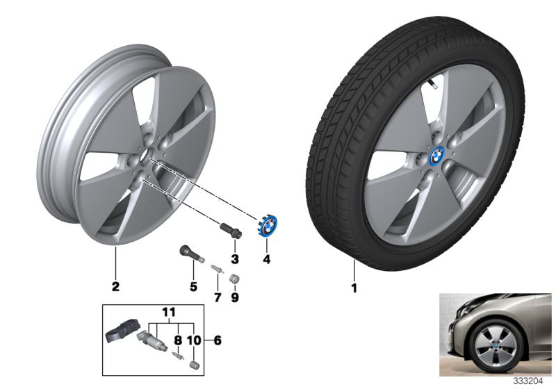 Picture board BMW i LA wheel, star spoke 427 - 19´´ for the BMW i Series models  Original BMW spare parts from the electronic parts catalog (ETK) for BMW motor vehicles (car)   Alloy rim, forged, Hub cap with blue ring, Repair kit, screw-type valve RDCi, 