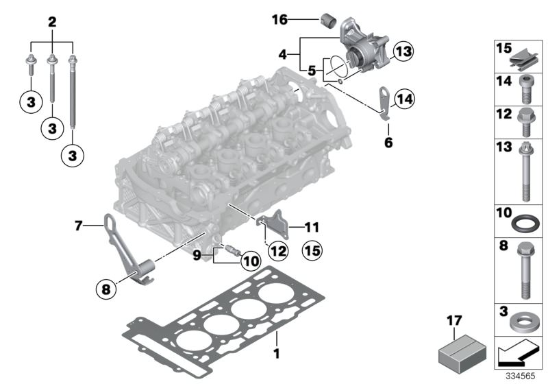Picture board Cylinder head/Mounting parts for the BMW 1 Series models  Original BMW spare parts from the electronic parts catalog (ETK) for BMW motor vehicles (car)   ASA-Bolt, Bracket, Cam follower, Cylinder head gasket asbestos-free, Drive unit, Gasket