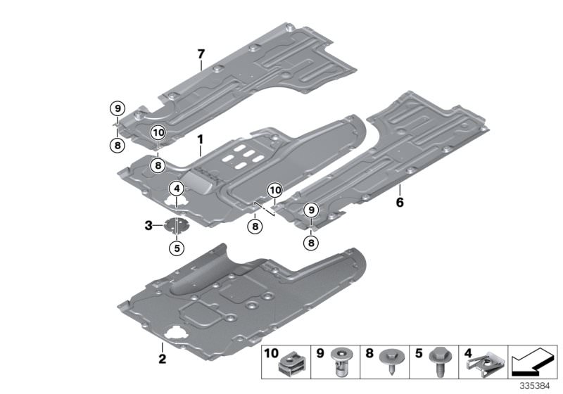 Picture board Underbody panelling, front for the BMW 5 Series models  Original BMW spare parts from the electronic parts catalog (ETK) for BMW motor vehicles (car)   C-clip nut, self-locking, C-clip plastic nut, Expanding nut, Hex Bolt, Screw, self tappin