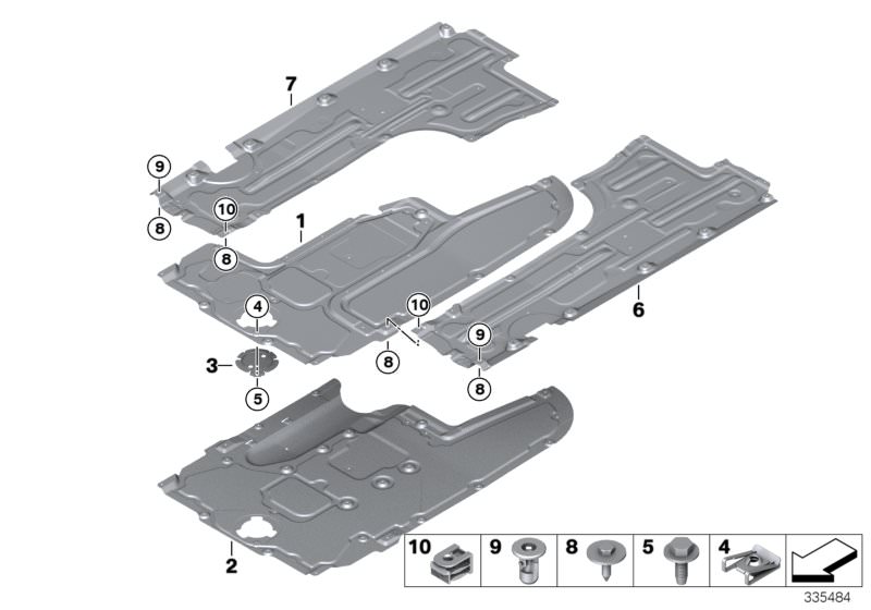 Picture board Underbody panelling, front for the BMW 5 Series models  Original BMW spare parts from the electronic parts catalog (ETK) for BMW motor vehicles (car)   C-clip nut, self-locking, C-clip plastic nut, Expanding nut, Hex Bolt, Screw, self tappin
