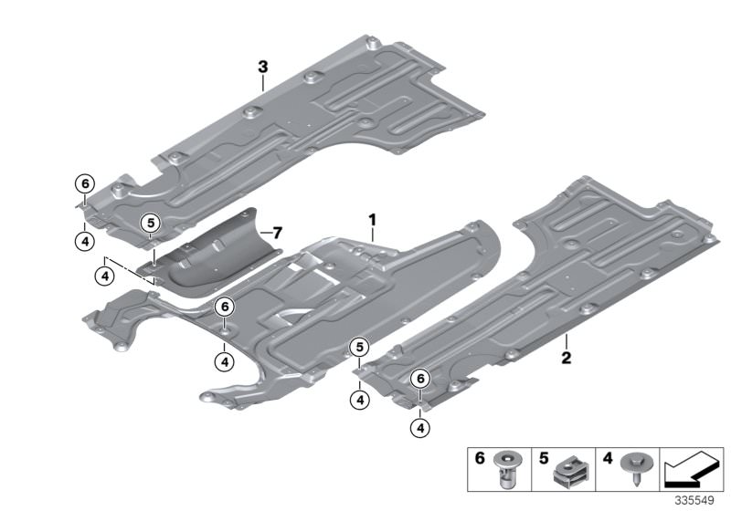 Picture board Underbody panelling, front for the BMW 5 Series models  Original BMW spare parts from the electronic parts catalog (ETK) for BMW motor vehicles (car)   C-clip plastic nut, Cover, exhaust system, Expanding nut, Hex Bolt, Underbody panelling, 