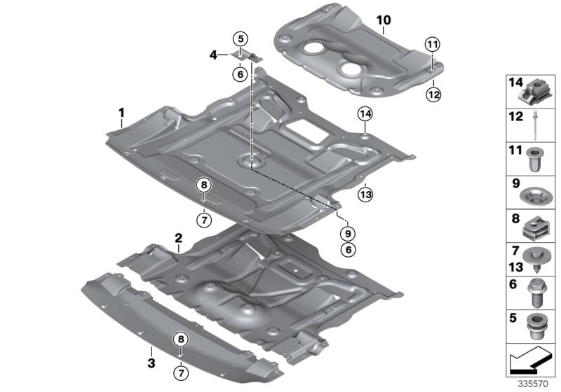 Picture board Underbonnet screen for the BMW 5 Series models  Original BMW spare parts from the electronic parts catalog (ETK) for BMW motor vehicles (car)   Blind rivet, Blind rivet nut, flat headed, C-clip plastic nut, Engine comp. shield., underride pr