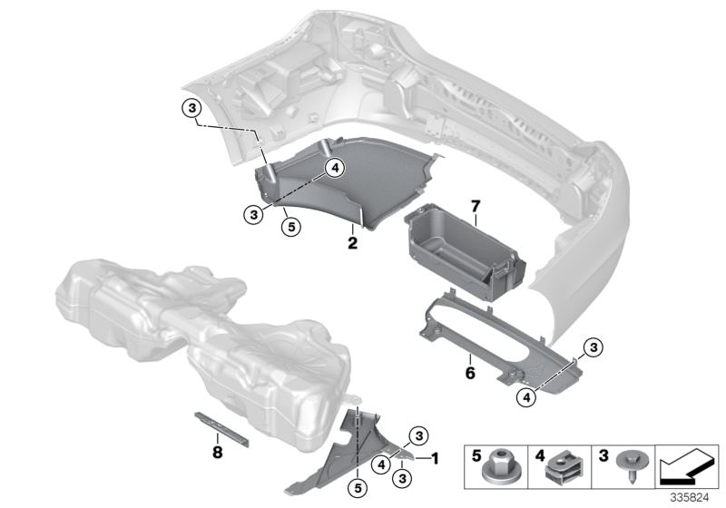 Picture board Underbody panelling, rear for the BMW 5 Series models  Original BMW spare parts from the electronic parts catalog (ETK) for BMW motor vehicles (car)   C-clip plastic nut, Covering tank, left, Covering, rear, Covering, rear centre, Covering, 