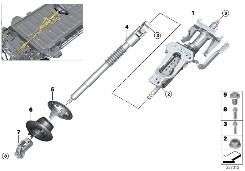 Bildtafel Lenksäule mech.verstellb./Anbauteile für die BMW i Modelle  Original BMW Ersatzteile aus dem elektronischen Teilekatalog (ETK) für BMW Kraftfahrzeuge( Auto)    Doppelgelenk, Halter Manschette, Lenksäulenverstellung mechanisch, Lenkspindel, Mansc