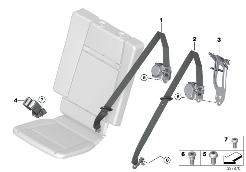 Picture board Seat belt, 3rd seat row for the BMW X Series models  Original BMW spare parts from the electronic parts catalog (ETK) for BMW motor vehicles (car)   Belt deflection right, Fillister head screw, Lower strap, rear, Socket head cap screw with s