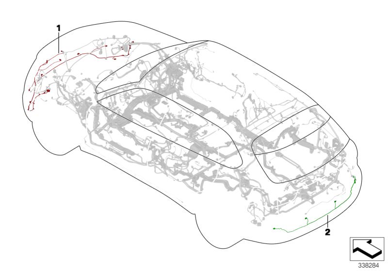 Illustration du Jeux de câbles pare-chocs avant/arrière pour les BMW X Série Modèles  Pièces de rechange d'origine BMW du catalogue de pièces électroniques (ETK) pour véhicules automobiles BMW (voiture)   Cable set, front end, Wiring set PDC, rear