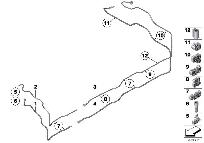 Picture board Fuel Pipe and Mounting Parts for the BMW 7 Series models  Original BMW spare parts from the electronic parts catalog (ETK) for BMW motor vehicles (car)   Feed line, front, Feed line, rear, ISA screw, Line clip, triple, Pipe clip, Scavenge ai