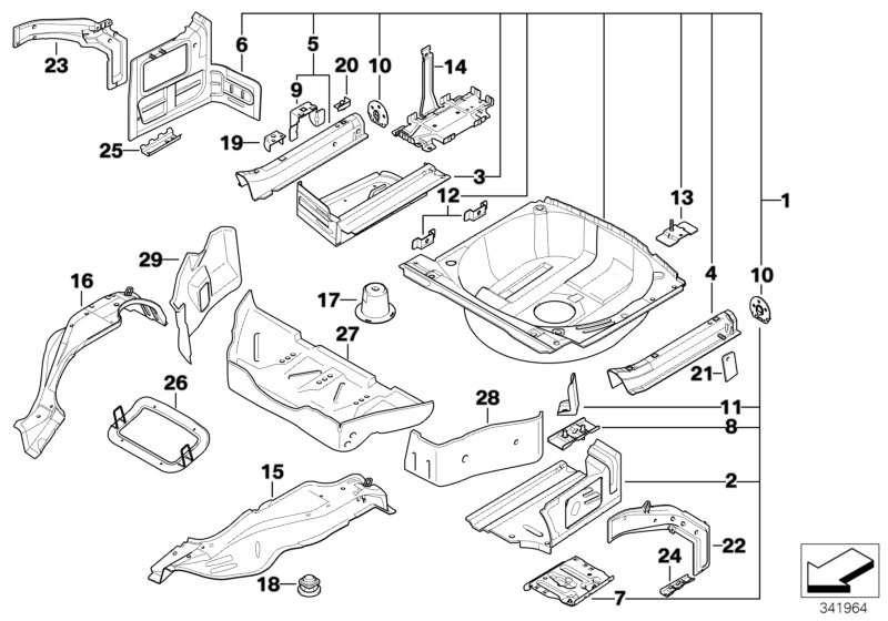 Picture board Mounting parts for trunk floor panel for the BMW 3 Series models  Original BMW spare parts from the electronic parts catalog (ETK) for BMW motor vehicles (car)   Battery tray, BRACKET ACTIVATED CARBON CONTAINER, BRACKET FOR SPARE WHEEL, Brac