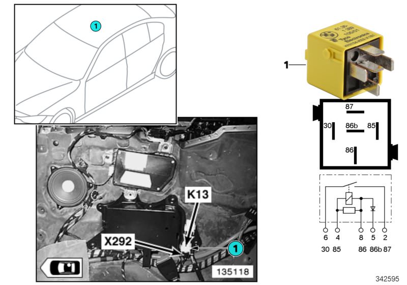 Picture board Relay, heated rear window K13 for the BMW 3 Series models  Original BMW spare parts from the electronic parts catalog (ETK) for BMW motor vehicles (car)   Relay, zinkgelb