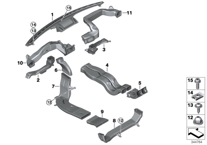 Picture board AIR CHANNEL for the BMW X Series models  Original BMW spare parts from the electronic parts catalog (ETK) for BMW motor vehicles (car)   Adapter, air duct, rear cabin, right, Air channel right, Air duct rear compartment, Air duct, footwell, 