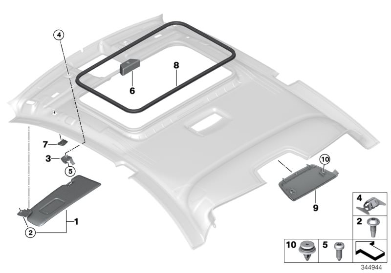 Picture board Mounting parts, roofliner for the BMW 2 Series models  Original BMW spare parts from the electronic parts catalog (ETK) for BMW motor vehicles (car)   Border, slide/tilt sunroof, Clip, Clip Natur, Countersupport, sun visor, Cover, microphone