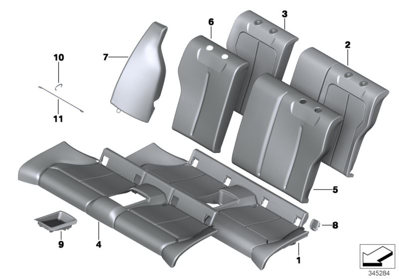 Picture board Seat, rear, cushion, & cover, basic seat for the BMW 2 Series models  Original BMW spare parts from the electronic parts catalog (ETK) for BMW motor vehicles (car)   Clamp, Cover backrest, leather, left, Cover backrest, leather, right, Cover