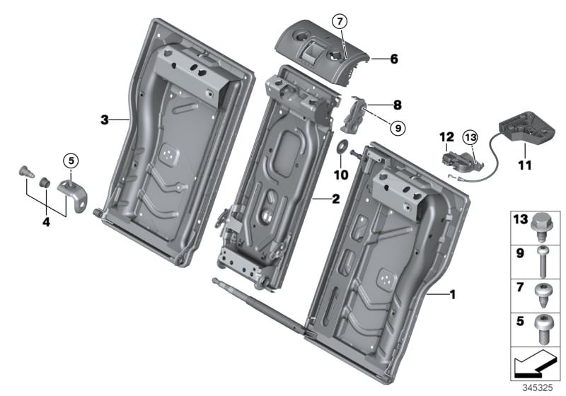 Picture board Seat, rear, seat frame, through-loading for the BMW 2 Series models  Original BMW spare parts from the electronic parts catalog (ETK) for BMW motor vehicles (car)   Actuation unit, Cover, Fillister head screw, Frame Backrest central, Frame, 