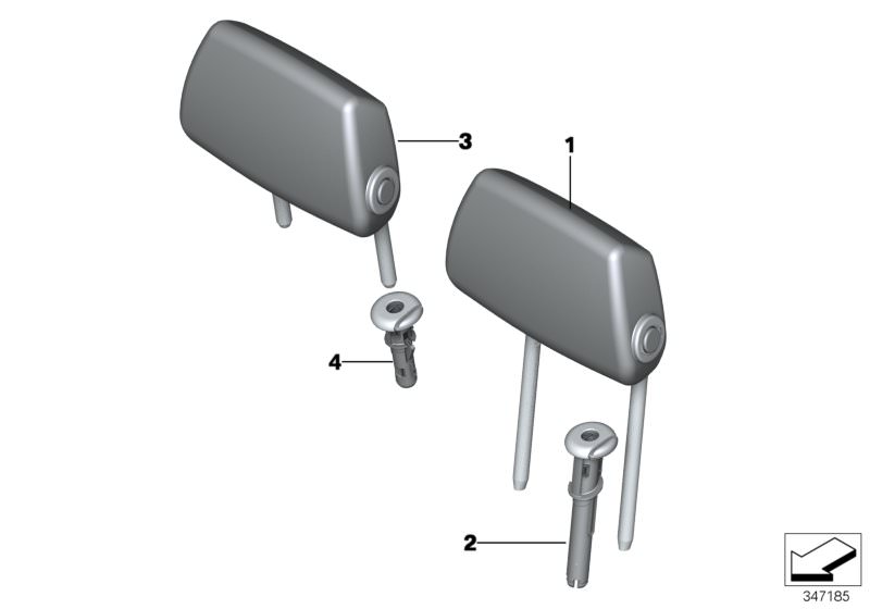 Bildtafel Sitz hinten Kopfstütze für die BMW 3er Modelle  Original BMW Ersatzteile aus dem elektronischen Teilekatalog (ETK) für BMW Kraftfahrzeuge( Auto)    Führung Kopfstütze, Führung Kopfstütze Mitte, Kopfstütze Alcantara, Kopfstütze Kunstleder