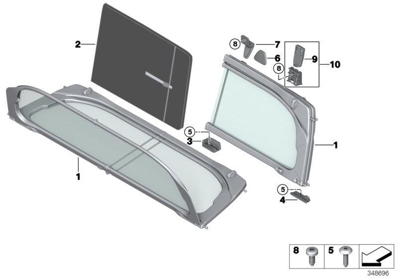 Picture board Wind deflector for the BMW 4 Series models  Original BMW spare parts from the electronic parts catalog (ETK) for BMW motor vehicles (car)   Bag, wind deflector, Fillister head screw with collar, Fillister head self-tapping screw, Housing, Mo