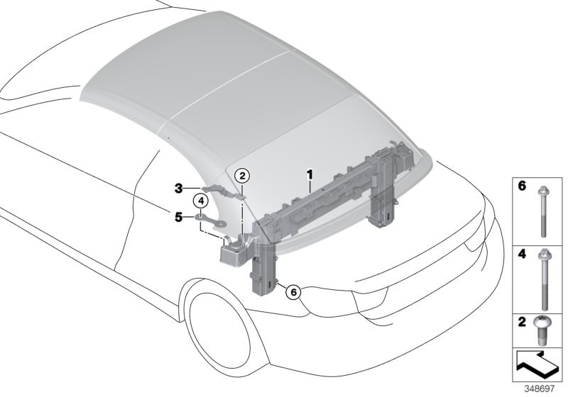 Illustration du Système de protection en cas de capotage pour les BMW 4 Série Modèles  Pièces de rechange d'origine BMW du catalogue de pièces électroniques (ETK) pour véhicules automobiles BMW (voiture)   Hexagon collar screw, Hexalobular socket screw, H