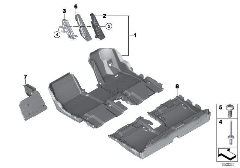 Picture board Floor covering for the BMW i Series models  Original BMW spare parts from the electronic parts catalog (ETK) for BMW motor vehicles (car)   Blind rivet, Bracket, footrest, Fillister head screw, Floor covering, rear, Floor trim, front, Foot r