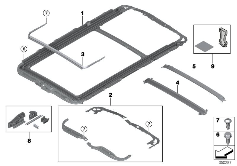 Picture board Panorama glass roof, mounting parts for the BMW X Series models  Original BMW spare parts from the electronic parts catalog (ETK) for BMW motor vehicles (car)   Bearing, wind deflector, Cleaning set, Covering cross member, Drip moulding, fro