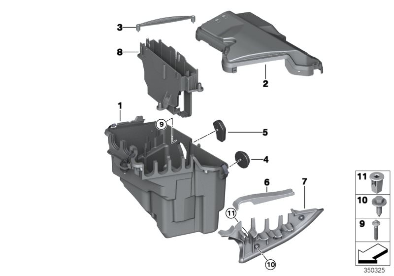 Picture board Control unit box for the BMW X Series models  Original BMW spare parts from the electronic parts catalog (ETK) for BMW motor vehicles (car)   Bottom part, E-Box, Cover electronic-box, Expanding nut, Hex head screw, Instrument carrier, Partit