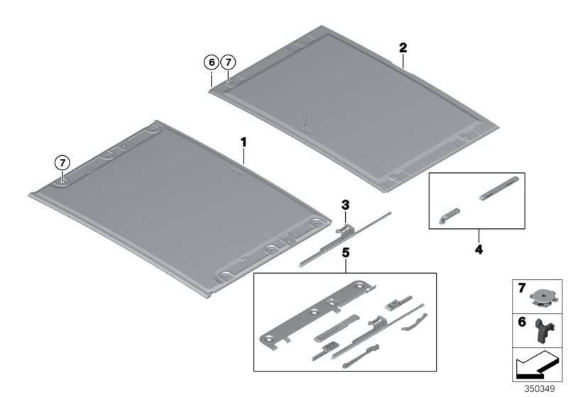 Picture board Panorama glass roof,floating headlining for the BMW X Series models  Original BMW spare parts from the electronic parts catalog (ETK) for BMW motor vehicles (car)   Drive cable, floating headlining, Mechanism, suspended headliner, Set, screw