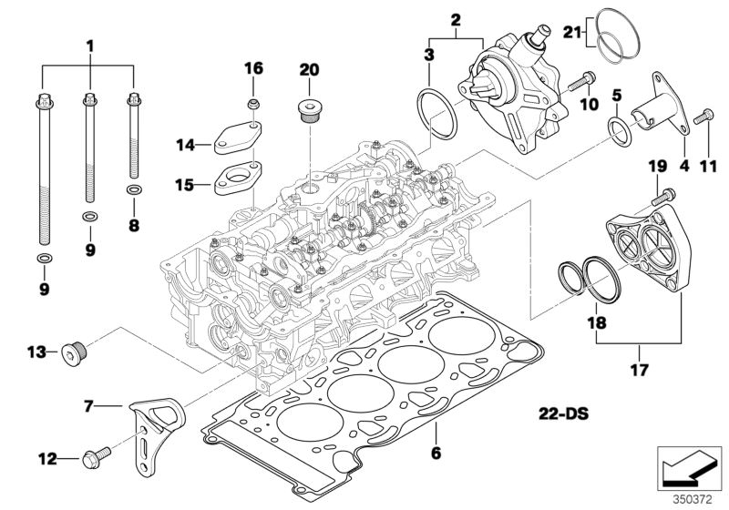 Picture board Cylinder head attached parts for the BMW 3 Series models  Original BMW spare parts from the electronic parts catalog (ETK) for BMW motor vehicles (car)   Attachment sleeve, Bracket, Cover lid, Cover plate, Cylinder head gasket asbestos-free,