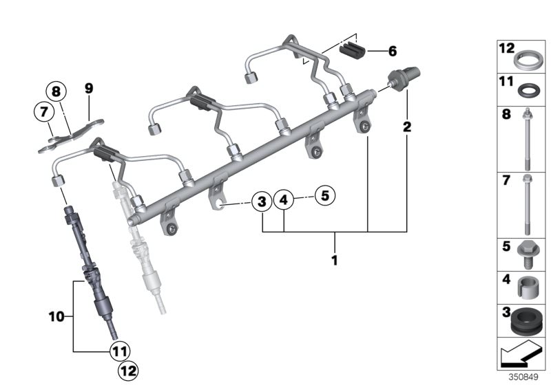 Illustration du Rail haute pression/injecteur/conduite pour les BMW 7 Série Modèles  Pièces de rechange d'origine BMW du catalogue de pièces électroniques (ETK) pour véhicules automobiles BMW (voiture)   Bracket injector, Damping element, Decoupling eleme
