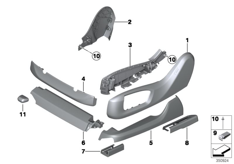 Picture board SEAT FRONT SEAT COVERINGS for the BMW 6 Series models  Original BMW spare parts from the electronic parts catalog (ETK) for BMW motor vehicles (car)   Blind rivet, Clamp, Finisher, upper rail, exterior, right, Finisher, upper rail, front, ri