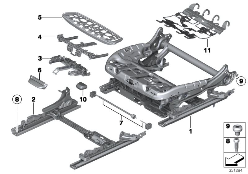Picture board Seat, front, seat frame for the BMW 5 Series models  Original BMW spare parts from the electronic parts catalog (ETK) for BMW motor vehicles (car)   Carrier thigh support, Countersunk screw, Fillister head screw, Fire extinguisher, Handle, f