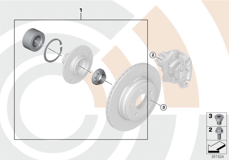 Illustration du Kit réparation roulement de roue arrière pour les BMW 1 Série Modèles  Pièces de rechange d'origine BMW du catalogue de pièces électroniques (ETK) pour véhicules automobiles BMW (voiture)   Collar screw, Inner hex bolt, Repair kit, wheel b
