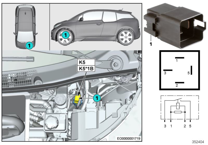 Picture board Relay, electric fan motor K5 for the BMW i Series models  Original BMW spare parts from the electronic parts catalog (ETK) for BMW motor vehicles (car)   Relay