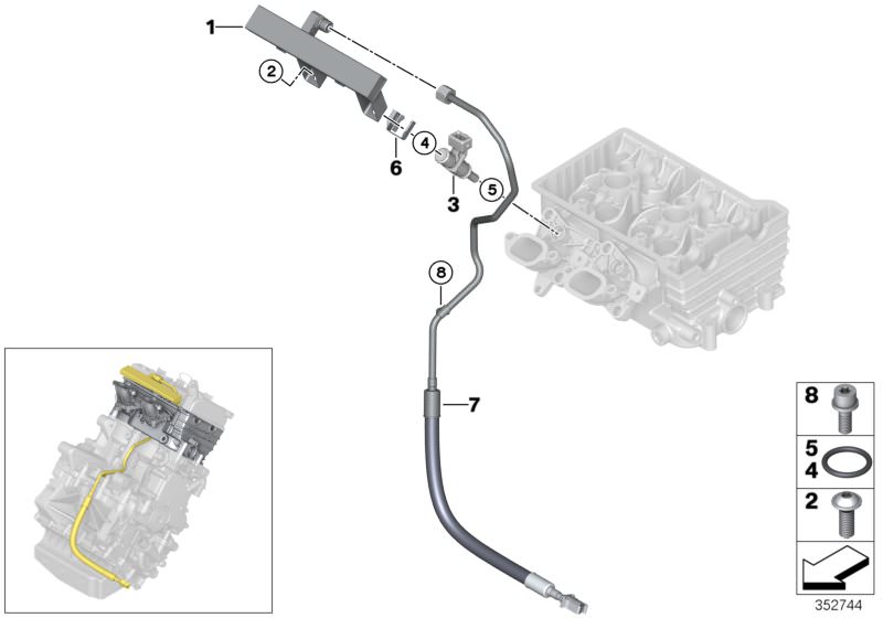 Illustration du Dispositif d`injection/soupape d`inject. pour les BMW i Série Modèles  Pièces de rechange d'origine BMW du catalogue de pièces électroniques (ETK) pour véhicules automobiles BMW (voiture)   Clamp, Fillister head screw, Fuel pipe, Injection