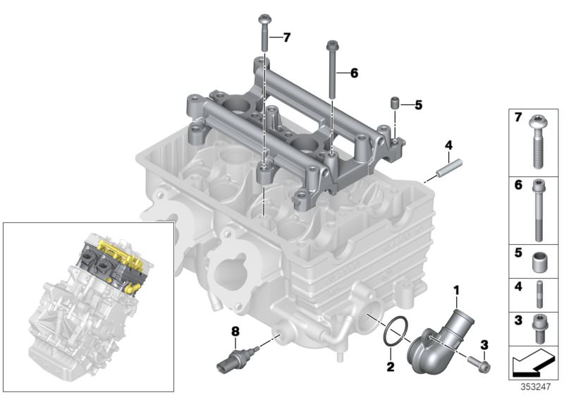 Picture board Cylinder head attached parts for the BMW i Series models  Original BMW spare parts from the electronic parts catalog (ETK) for BMW motor vehicles (car)   Connector, Coolant / oil temperature sensor, ISA screw, O-ring, Set, fitting sleeves, S