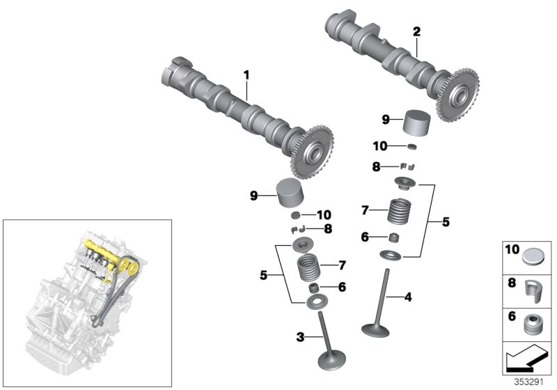 Picture board Valve timing gear - camshaft/valves for the BMW i Series models  Original BMW spare parts from the electronic parts catalog (ETK) for BMW motor vehicles (car)   Exhaust valve, Inlet camshaft, Intake valve, Outlet camshaft, Set, valve head, S