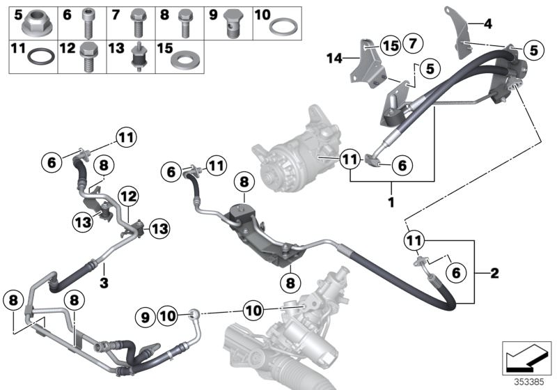 Picture board Oil lines/Adaptive Drive+active steering for the BMW X Series models  Original BMW spare parts from the electronic parts catalog (ETK) for BMW motor vehicles (car)   Bracket, crankcase, Bracket, expansion hose, combination return pipe, Expan