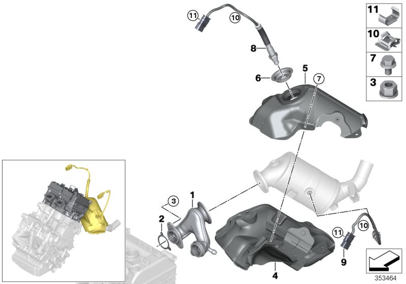 Picture board Exhaust manifold - oxygen sensors for the BMW i Series models  Original BMW spare parts from the electronic parts catalog (ETK) for BMW motor vehicles (car)   Cable holder, Exhaust manifold, Exhaust-gas seal, Heat shield, Hex nut with plate,