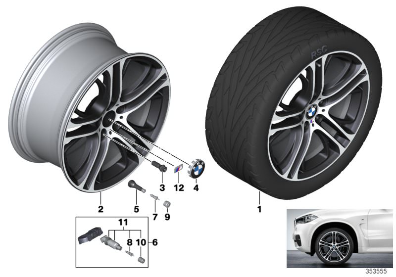 Picture board BMW LA wheel, M double spoke 310 for the BMW X Series models  Original BMW spare parts from the electronic parts catalog (ETK) for BMW motor vehicles (car)   Disc wheel, light alloy, bright-turned, Hub cap with chrome edge, M badge, Repair k
