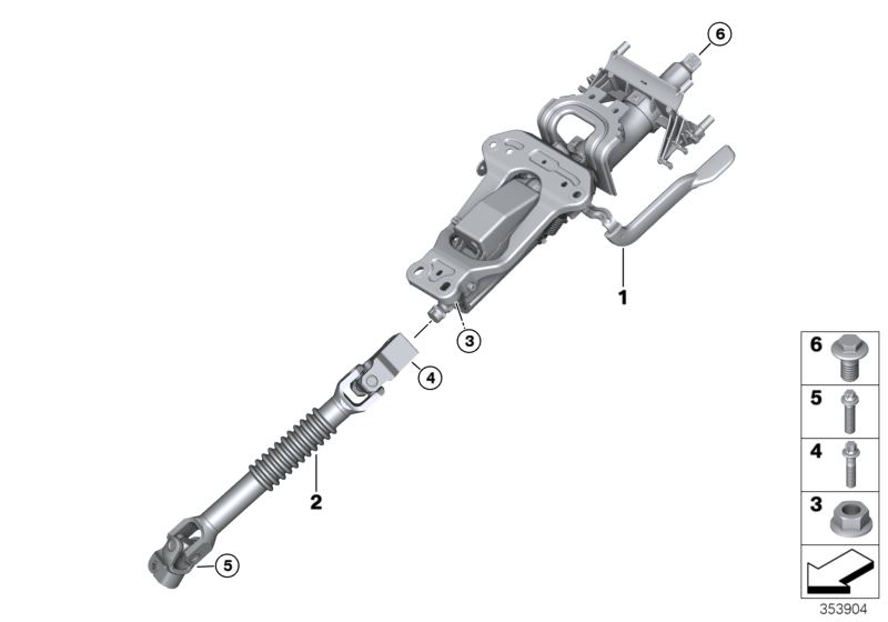 Picture board Manually adjust. steering column for the BMW X Series models  Original BMW spare parts from the electronic parts catalog (ETK) for BMW motor vehicles (car)   Hex Bolt, Hex nut, Hexalobular socket screw, Manually adjust. steering column, Stee