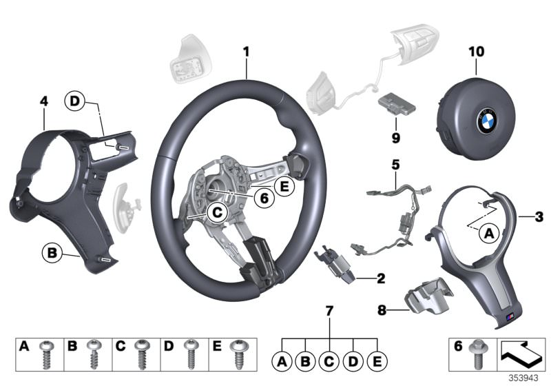 Picture board M Sports steer.-wheel, airbag, leather for the BMW 6 Series models  Original BMW spare parts from the electronic parts catalog (ETK) for BMW motor vehicles (car)   Acoustic foam part, Airbag module, driver´s side, connecting line, steering w