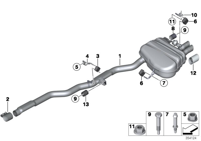 Picture board Exhaust system, rear for the BMW 5 Series models  Original BMW spare parts from the electronic parts catalog (ETK) for BMW motor vehicles (car)   Bracket for rear silencer, left, Bracket, rear silencer, rear left, CLAMPING BUSH, Collar nut, 
