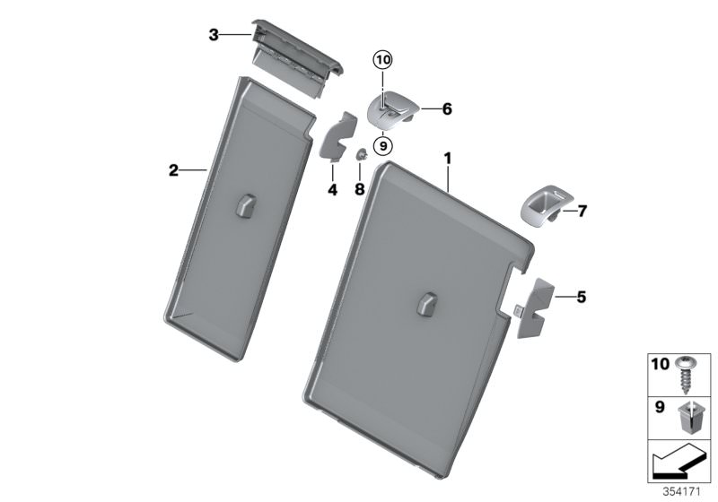 Bildtafel Sitz hinten Lehnenblenden für die BMW X Modelle  Original BMW Ersatzteile aus dem elektronischen Teilekatalog (ETK) für BMW Kraftfahrzeuge( Auto)    Abdeckung Schloss rechts, Blende Betätigung rechts, Blende Gurtaustritt, Blende Lehnenkopf Mitte