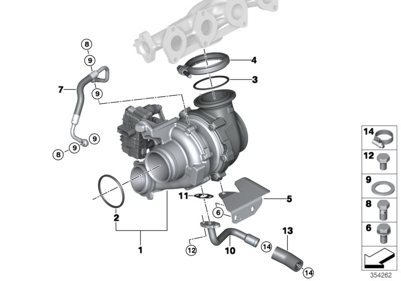 Illustration du TURBO CHARGER WITH LUBRICATION pour les BMW X Série Modèles  Pièces de rechange d'origine BMW du catalogue de pièces électroniques (ETK) pour véhicules automobiles BMW (voiture)   EXCH-TURBO CHARGER, Gasket Asbestos Free, Gasket ring, Gask