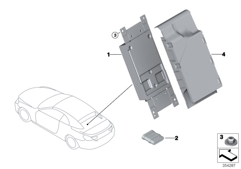 Picture board Telematics control unit for the BMW 6 Series models  Original BMW spare parts from the electronic parts catalog (ETK) for BMW motor vehicles (car)   Battery, CONTROL UNIT COVER, Hex nut, Telematics control unit