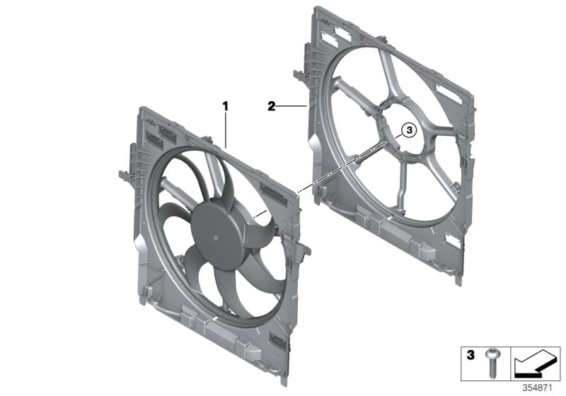 Picture board Fan housing, mounting parts for the BMW X Series models  Original BMW spare parts from the electronic parts catalog (ETK) for BMW motor vehicles (car)   Fan housing with fan, Fan shroud, Screw, self tapping