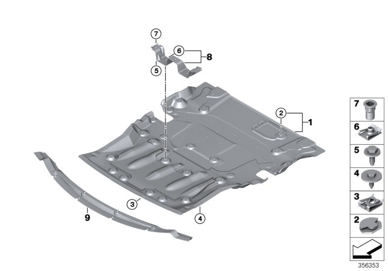 Picture board Underbonnet screen for the BMW 1 Series models  Original BMW spare parts from the electronic parts catalog (ETK) for BMW motor vehicles (car)   Blind rivet nut, flat headed, C-clip nut, Clip nut, Engine comp. shield., underride prot., Hex Bo